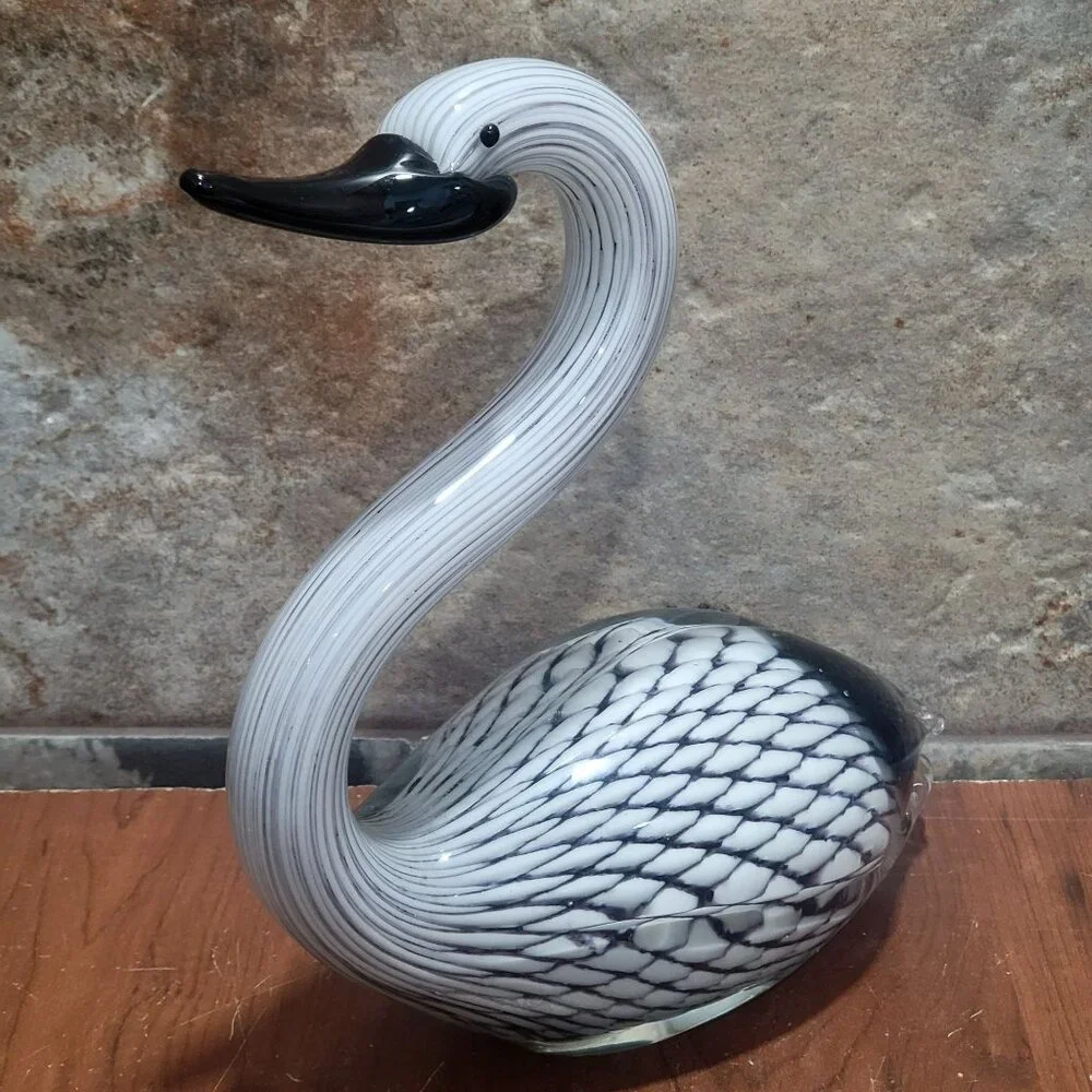 Hand Blown Art Glass Black White Swan Sculpture Glass Duck